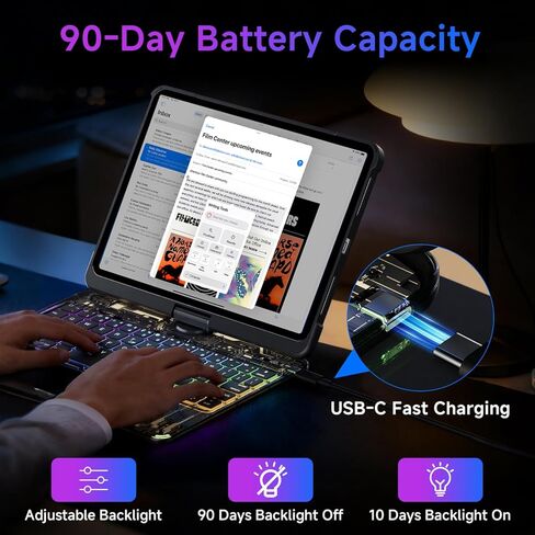 حافظة لوحة المفاتيح لجهاز Pad Air 13 بوصة وiPad Pro 12.9 بوصة، حافظة لوحة مفاتيح شفافة مع لوحة تتبع متعددة اللمس، حامل دوار 360 درجة، حامل أقلام، شاشة عرض البطارية، أسود in Kuwait