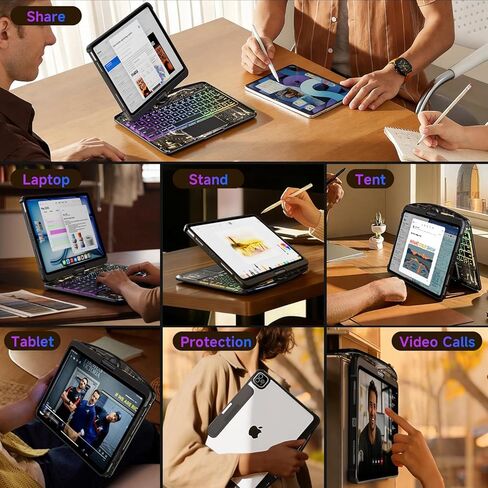 حافظة لوحة المفاتيح لجهاز Pad Air 13 بوصة وiPad Pro 12.9 بوصة، حافظة لوحة مفاتيح شفافة مع لوحة تتبع متعددة اللمس، حامل دوار 360 درجة، حامل أقلام، شاشة عرض البطارية، أسود in Kuwait