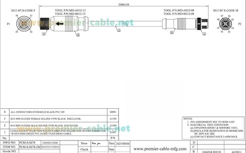 IP67 M12 X رمز ذكر إلى D رمز أنثى كابل اتصال إيثرنت Cat6A سلسلة سحب عالية المرونة محمية متوافقة مع IFM E80412 لـ Profinet وEtherNet/IP وModbus TCP وPLC والروبوتات (2M/6.6FT) in Kuwait