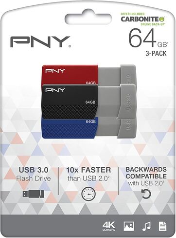PNY USB 3.0 Flash Drives, 64GB, Assorted Colors, Pack Of 3 Drives in Kuwait