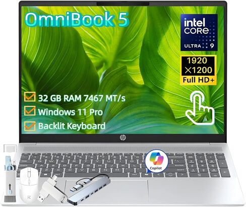 HP OmniBook 5 Laptop Computer for Business, 16" 2K Touchscreen Anti-glare, Intel 16-Core Ultra 9 285H, AI Boost NPU (13 TOPS), 32 GB LPDDR5 7467 MT/s, 1 TB SSD, Wi-Fi 6E, Backlit KB, Windows 11 Pro in Saudi Arabia