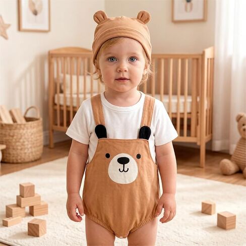 Baby Shorts Set with Hat, Brown Bear Overalls & White Tee Outfit for Baby Toddler, Spring Summer in Saudi Arabia