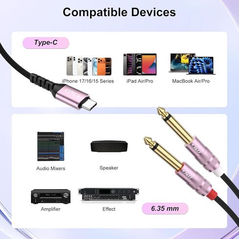 كابل صوت J&D USB C إلى 1/4 بوصة، USB من النوع C إلى ثنائي 6.35 مم TS Aux Cord Y Splitter للهواتف الذكية والأجهزة اللوحية وما إلى ذلك، متوافق مع سلسلة iPhone 16/17 وGalaxy S25/S24، ذهبي وردي، 4 أقدام in Kuwait