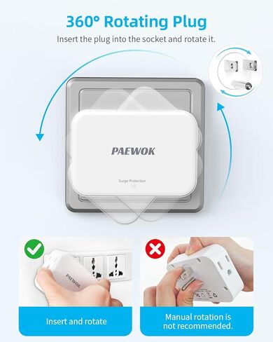 موسع منفذ PAEWOK مع قابس دوار 360 درجة، 4 منافذ حائط متعددة التوصيل تيار متردد، شريط طاقة صغير لمحول قابس الحائط المسطح لأساسيات السفر في المنزل والسكن، عبوتان (8AC) in Kuwait