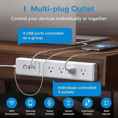 UseeLink Matter Smart Power Strip Compatible with Apple HomeKit, Siri, Alexa, Google Home and SmartThings, with 4 AC Outlets, 1 USB &2 Type C Ports and 5ft Extension Cord, Voice and Remote Control in Kuwait