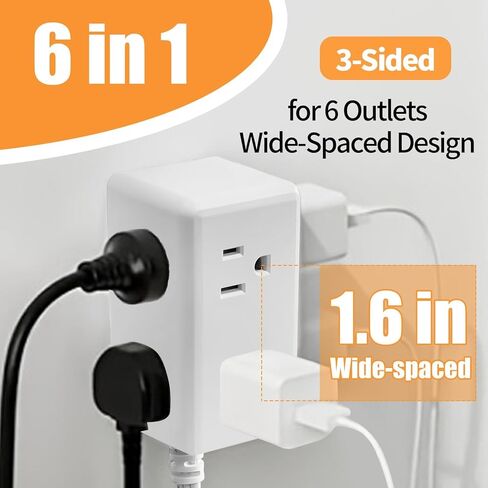 Flat Plug Power Strip 6 Outlet Extender 5FT Extension Cord Three Side Outlet Splitter Wall Mount Power Strip for Home Office Dorm Room (1PC) in Kuwait