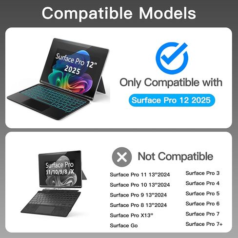 لوحة مفاتيح Inkolelo لجهاز Microsoft Surface Pro 12، غطاء لاسلكي محمول رفيع للغاية مع إضاءة خلفية 7 ألوان، لوحة مفاتيح سطحية 12 بوصة، لوحة تتبع متعددة اللمس، أسود in Kuwait