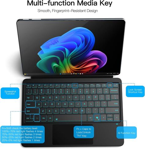 لوحة مفاتيح Inkolelo لجهاز Microsoft Surface Pro 12، غطاء لاسلكي محمول رفيع للغاية مع إضاءة خلفية 7 ألوان، لوحة مفاتيح سطحية 12 بوصة، لوحة تتبع متعددة اللمس، أسود in Kuwait