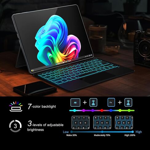 لوحة مفاتيح Inkolelo لجهاز Microsoft Surface Pro 12، غطاء لاسلكي محمول رفيع للغاية مع إضاءة خلفية 7 ألوان، لوحة مفاتيح سطحية 12 بوصة، لوحة تتبع متعددة اللمس، أسود in Kuwait