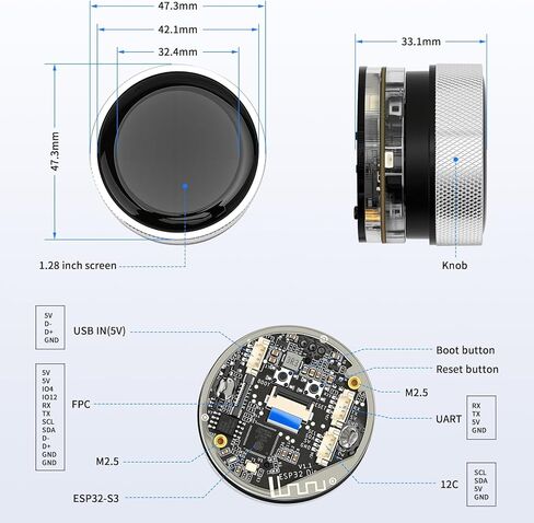 ESP32 Round Rotary Display 240x240-1.28 Inch HMI IPS Display ESP32-S3 Development Board,2.4G WiFi and BLE Capacitive Touch Screen Compatible with Ar duino IDE and The LVGL Library, Silver in Saudi Arabia