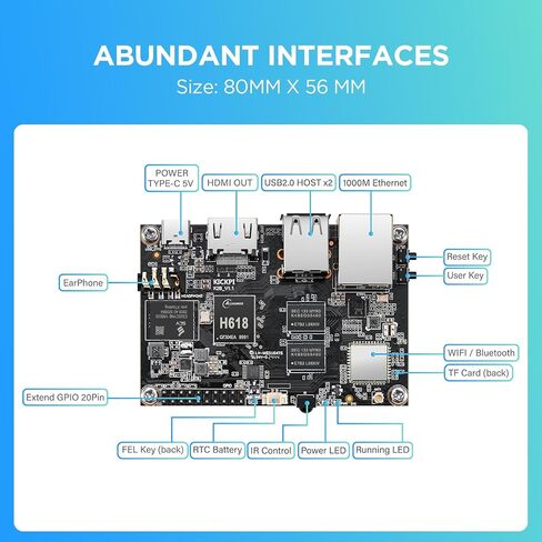K2B Single Board Computer, Allwinner H618 Quad Core 64 Bit Development Board Up to 1.5GHz 2G LPDDR4 16G eMMC Run Android 12.0/Ubuntu 2204 in Kuwait