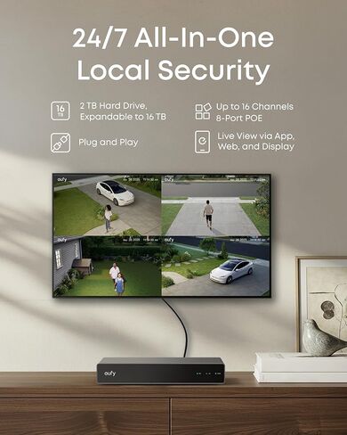 نظام كاميرا الأمان eufy PoE NVR S4 مع دعامة تثبيت على 4 زوايا (T870B)، تسجيل على مدار الساعة طوال أيام الأسبوع، ما يصل إلى 16 قناة، محرك أقراص ثابتة سعة 2 تيرابايت، كاميرتان Bullet-PTZ، كاميرتان Bullet-PTZ، 360 درجة PTZ، تأطير وتتبع تلقائي بالذكاء الاصطنا in Kuwait
