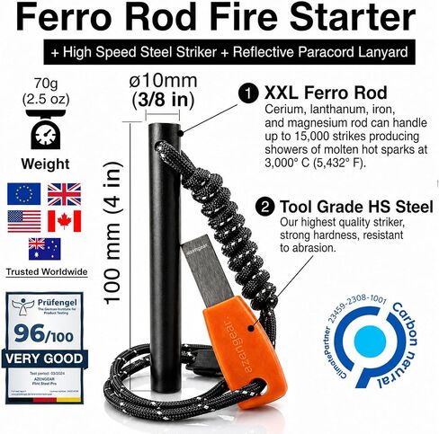 aZengear Flint Steel Pro Fire Starter، XXL Ferro Rod، مهاجم، 750 باراكورد، مجموعة النجاة الخارجية المقاومة للماء للتخييم وصناعة الأدغال in Kuwait