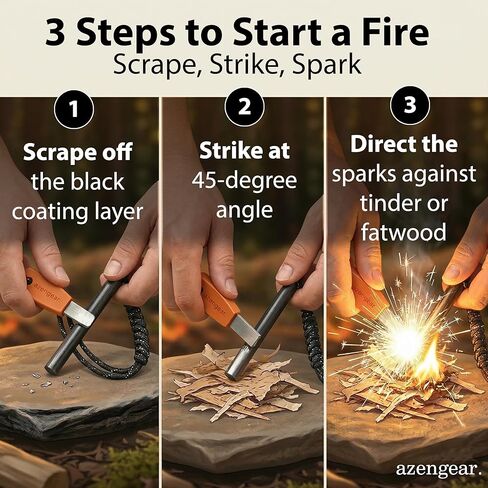 aZengear Flint Steel Pro Fire Starter، XXL Ferro Rod، مهاجم، 750 باراكورد، مجموعة النجاة الخارجية المقاومة للماء للتخييم وصناعة الأدغال in Kuwait