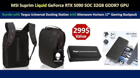MSI GeForce RTX™ 5090 32G SUPRIM Liquid SOC، 32 جيجابايت GDDR7، PCI Express® Gen 5X 16، الأداء الفائق: 2580 ميجاهرتز، ناقل الذاكرة 512 بت. حزمة مع محطة Targus Dockstation وحقيبة الظهر Alinware in Kuwait