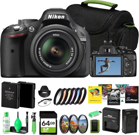 كاميرا Nikon D5200 DSLR مع عدسة 18-55 مم II، 39 نقطة AF، شاشة LCD متغيرة الزاوية، فيديو عالي الدقة 1080 بكسل + طقم مرشح 52 مم + برنامج صور + بطاقة 64 جيجابايت + بطارية EN-EL14 بديلة + المزيد (حزمة مكونة من 18 قطعة) in Kuwait