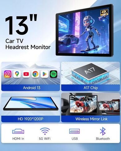 تلفزيون سيارة Android 13 مقاس 13 بوصة للمقعد الخلفي، مراقب مسند الرأس لنظام الترفيه في المقعد الخلفي بشاشة لمس محمولة للسيارة، يدعم وصلة مرآة لاسلكية للهاتف، مدخل HDMI/بطاقة TF/USB/4K تشغيل الفيديو (قطعة واحدة) in Kuwait