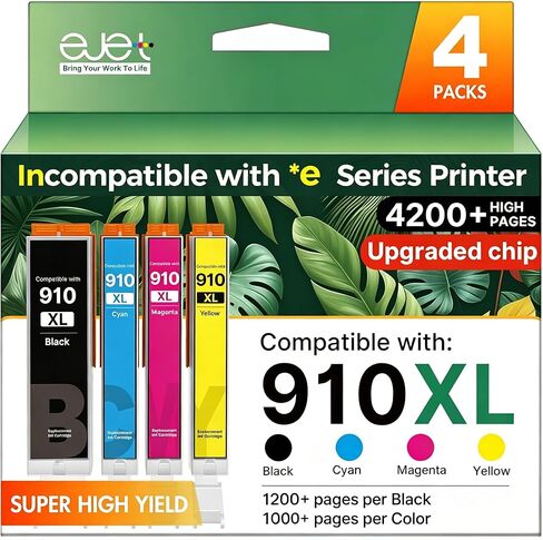خرطوشة حبر بديلة متوافقة مع ejet لخراطيش الحبر HP 910XL مجموعة كومبو تعمل لطابعة HP OfficeJet Pro 8020 8025 8035 8030 8028، 4 عبوات باللون الأسود واللون in Kuwait