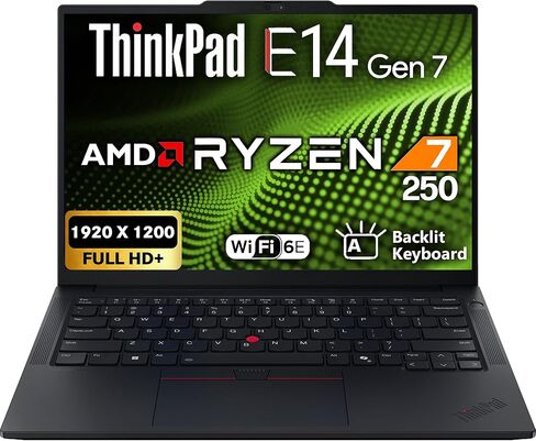 Oemgenuine Lenovo ThinkPad E14 Gen 7 شاشة 14 بوصة FHD+، AMD Ryzen 7 250 (Beats i7-1355U)، ذاكرة وصول عشوائي DDR5 سعة 16 جيجابايت، 512 جيجابايت NVMe، لوحة مفاتيح بإضاءة خلفية، WiFi 6E + BT، كاميرا ويب FHD، Windows 11 Pro، كمبيوتر محمول للأعمال in Kuwait