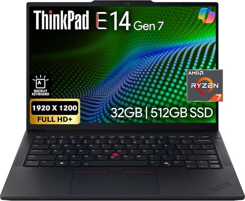 Oemgenuine Lenovo ThinkPad E14 Gen 7 شاشة 14 بوصة FHD+، AMD Ryzen 7 250 (Beats i7-1355U)، ذاكرة وصول عشوائي DDR5 سعة 16 جيجابايت، 512 جيجابايت NVMe، لوحة مفاتيح بإضاءة خلفية، WiFi 6E + BT، كاميرا ويب FHD، Windows 11 Pro، كمبيوتر محمول للأعمال in Kuwait
