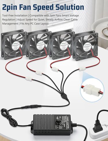 وحدة تحكم في سرعة مروحة الكمبيوتر 2Pin مع 4 منافذ مقسمة، مصدر طاقة قابل للتعديل AC 110V - 240V إلى DC 4V - 12V، 3A 2P 36W مراوح التبريد تمديد محول الكابل in Kuwait