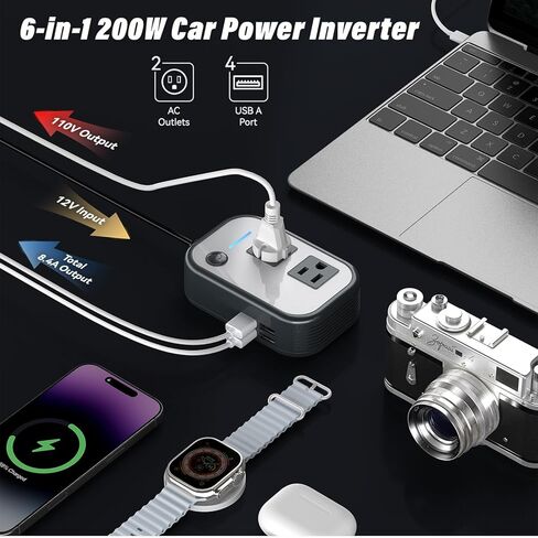 200W Car Power Inverter, 12V DC to 110V AC Car Plug Adapter Outlet with 4 USB Ports, Power Inverter for Vehicles, Car Inverter for Laptop Computer Phones Charger (Gray) in Kuwait