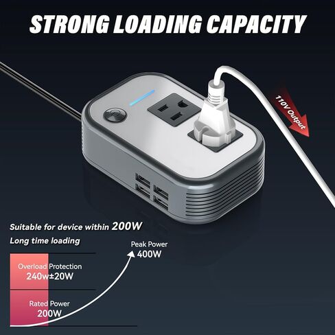 200W Car Power Inverter, 12V DC to 110V AC Car Plug Adapter Outlet with 4 USB Ports, Power Inverter for Vehicles, Car Inverter for Laptop Computer Phones Charger (Gray) in Kuwait