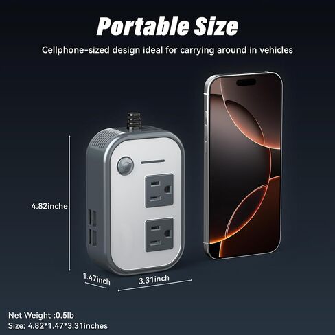200W Car Power Inverter, 12V DC to 110V AC Car Plug Adapter Outlet with 4 USB Ports, Power Inverter for Vehicles, Car Inverter for Laptop Computer Phones Charger (Gray) in Kuwait