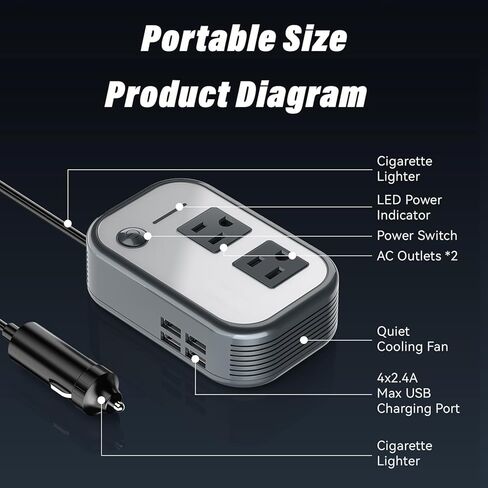 200W Car Power Inverter, 12V DC to 110V AC Car Plug Adapter Outlet with 4 USB Ports, Power Inverter for Vehicles, Car Inverter for Laptop Computer Phones Charger (Gray) in Kuwait