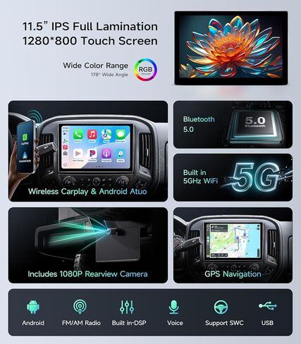 راديو ستيريو للسيارة مقاس 11.5 بوصة لسيارة Chevy Silverado وGMC Sierra 2014-2018 - CarPlay اللاسلكي Android Auto 5G WiFi GPS Navigation Bluetooth FM/SWC Touchscreen 1080P كاميرا احتياطية in Kuwait
