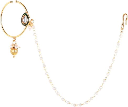 Efulgenz Indian Nose Rings Hoop with Chain Faux Pearl Nath Nathni Nose Pin Stud Fake Septum Ring Indian Bridal Jewelry for Wedding Nose Hoop Ring Non Piercing Body Jewelry for Women in Saudi Arabia