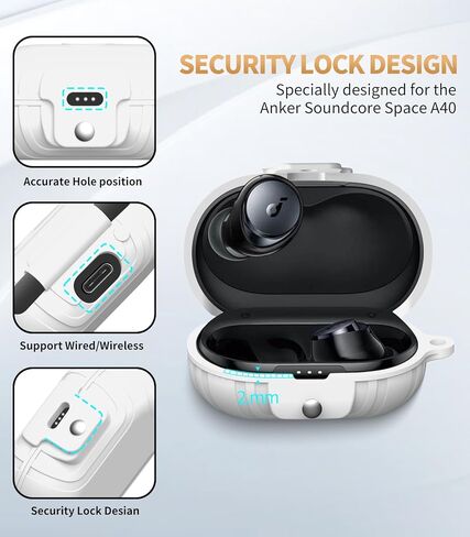 for Anker Soundcore Space A40 Secure Lock Case Cover, Silicone Protective Scratch Shock Cover ONLY Compatible with Anker Soundcore Space A40 Earbuds Charging Case with Carabiner(White) in Kuwait
