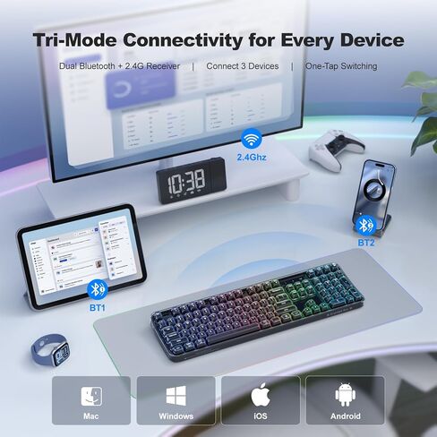 لوحة مفاتيح MOFII لاسلكية منحنية شفافة ومريحة، ثلاثية الوضع Bluetooth5.0/2.4G/USB-C RGB لوحة مفاتيح بإضاءة خلفية قابلة لإعادة الشحن، لوحات مفاتيح كمبيوتر كاملة الحجم لأجهزة الكمبيوتر المحمول/الكمبيوتر الشخصي/سطح المكتب/iPad/الهاتف الذكي/التلفزيون الذكي، أ in Kuwait