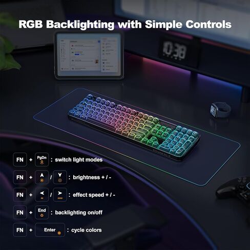 لوحة مفاتيح MOFII لاسلكية منحنية شفافة ومريحة، ثلاثية الوضع Bluetooth5.0/2.4G/USB-C RGB لوحة مفاتيح بإضاءة خلفية قابلة لإعادة الشحن، لوحات مفاتيح كمبيوتر كاملة الحجم لأجهزة الكمبيوتر المحمول/الكمبيوتر الشخصي/سطح المكتب/iPad/الهاتف الذكي/التلفزيون الذكي، أ in Kuwait