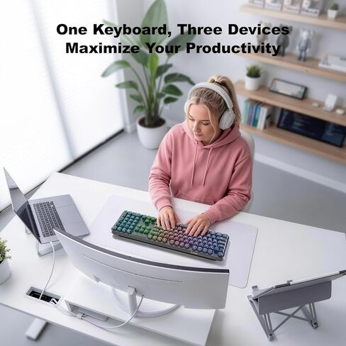 لوحة مفاتيح MOFII لاسلكية منحنية شفافة ومريحة، ثلاثية الوضع Bluetooth5.0/2.4G/USB-C RGB لوحة مفاتيح بإضاءة خلفية قابلة لإعادة الشحن، لوحات مفاتيح كمبيوتر كاملة الحجم لأجهزة الكمبيوتر المحمول/الكمبيوتر الشخصي/سطح المكتب/iPad/الهاتف الذكي/التلفزيون الذكي، أ in Kuwait