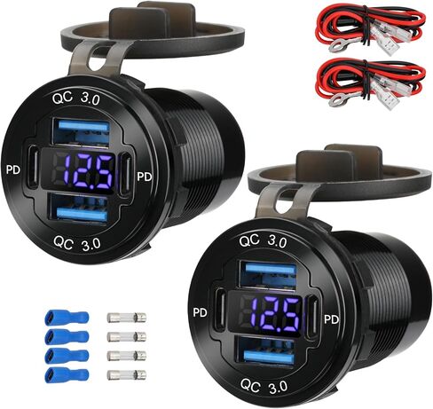 منفذ USB 12 فولت 4 منافذ، شاحن سريع 78 وات مزدوج PD30W وQC3.0، مخرج طاقة من سبائك الألومنيوم المقاوم للماء 12 فولت مع الفولتميتر الأزرق للسيارات والقوارب وعربات الجولف والشاحنات والدراجات النارية in Kuwait