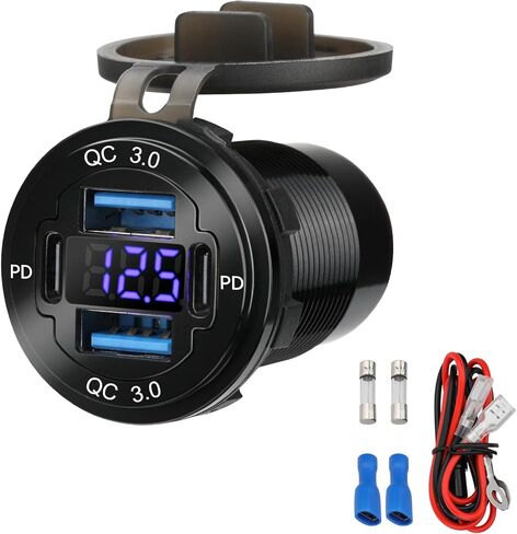 منفذ USB 12 فولت 4 منافذ، شاحن سريع 78 وات مزدوج PD30W وQC3.0، مخرج طاقة من سبائك الألومنيوم المقاوم للماء 12 فولت مع الفولتميتر الأزرق للسيارات والقوارب وعربات الجولف والشاحنات والدراجات النارية in Kuwait
