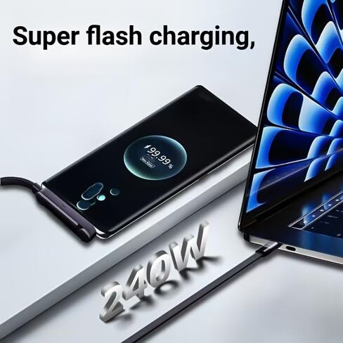 كابل USB C إلى USB C مجدول [5 أقدام]، شاحن هاتف جانبي، كابل شحن سريع 240 وات مع حامل هاتف مدمج قابل للطي للسفر في مكتب الألعاب in Kuwait