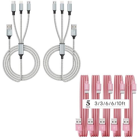 كابل USB C مجدول من النايلون الفاخر (5 عبوات، 3/3/6/6/10 قدم) وكابل شحن متعدد Grew (2 حزمة 4 أقدام) in Kuwait