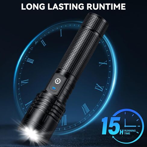 مصباح يدوي LED قابل لإعادة الشحن من Kmivo، 99,000 لومن عالي السطوع، تركيز قابل للتعديل، IPX7 مقاوم للماء، 5 أوضاع ضوء فلاش محمول للتخييم والطوارئ المنزلية (أسود) in Kuwait