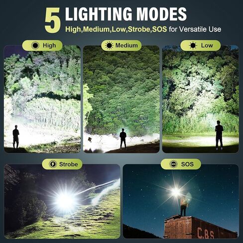 مصباح يدوي LED قابل لإعادة الشحن من Kmivo، 99,000 لومن عالي السطوع، تركيز قابل للتعديل، IPX7 مقاوم للماء، 5 أوضاع ضوء فلاش محمول للتخييم والطوارئ المنزلية (أسود) in Kuwait