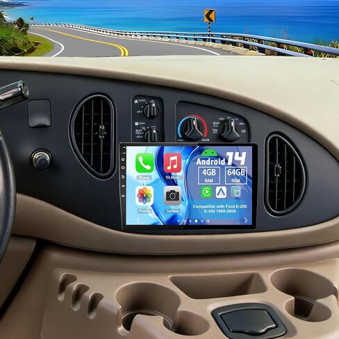 راديو ترقية ستيريو للسيارة Android 14 Double Din لسيارة Ford E-250 E-350 1998-2008، 4G+64G 10.1 بوصة شاشة لمس مع Carplay Android Auto GPS WiFi Bluetooth RDS DSP SWC Mirrorlink Mic كاميرا احتياطية in Kuwait