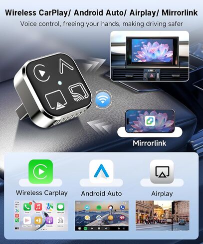 محول VQU 4 في 1 اللاسلكي CarPlay لأجهزة iPhone وAndroid Auto، 2026 ترقية التوصيل والتشغيل USB C Dongle، تحويل سلكي إلى CarPlay اللاسلكي وAndroid Auto، AirPlay وMiracast Screen Mirroring in Kuwait