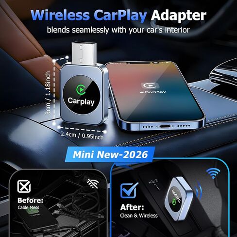 Wireless CarPlay Adapter for iPhone, 2026 Upgraded Carplay Dongle Converts Wired to Wireless, Plug & Play Auto Connect, Mini USB CarPlay Adapter, Stable No Latency Connection Compatible with iOS 10+ in Kuwait