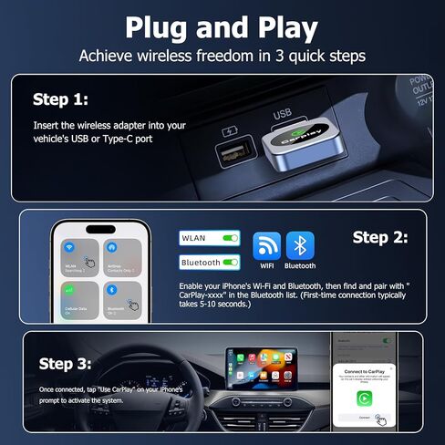 Wireless CarPlay Adapter for iPhone, 2026 Upgraded Carplay Dongle Converts Wired to Wireless, Plug & Play Auto Connect, Mini USB CarPlay Adapter, Stable No Latency Connection Compatible with iOS 10+ in Kuwait