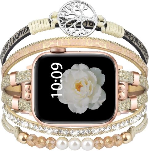Boho Beaded Bracelet for Apple Watch Band 40mm 38mm 41mm 44mm 42mm 45mm Women, Bling Handmade Multilayer Leather Wrap Strap Accessories for iWatch Bands SE Series 9 8 7 6 5 4 3 2 1 in Saudi Arabia
