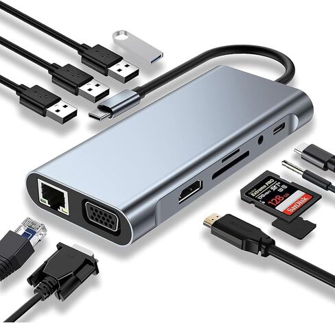 محول USB C Hub 11 في 1 مع 4K HDMI، VGA، شحن PD من النوع C، إيثرنت RJ45، USB 3.0، قارئ بطاقة SD/TF، ​​صوت 3.5 مم لأجهزة الكمبيوتر المحمولة من النوع C، مكتب السفر، 11 في 1 in Kuwait