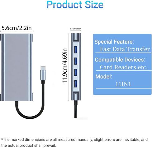 محول USB C Hub 11 في 1 مع 4K HDMI، VGA، شحن PD من النوع C، إيثرنت RJ45، USB 3.0، قارئ بطاقة SD/TF، ​​صوت 3.5 مم لأجهزة الكمبيوتر المحمولة من النوع C، مكتب السفر، 11 في 1 in Kuwait