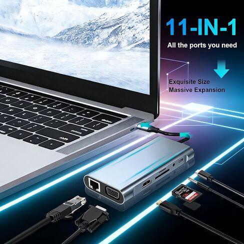 محول USB C Hub 11 في 1 مع 4K HDMI، VGA، شحن PD من النوع C، إيثرنت RJ45، USB 3.0، قارئ بطاقة SD/TF، ​​صوت 3.5 مم لأجهزة الكمبيوتر المحمولة من النوع C، مكتب السفر، 11 في 1 in Kuwait