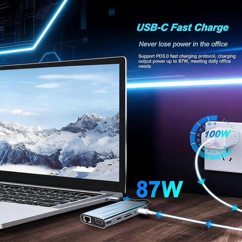محول USB C Hub 11 في 1 مع 4K HDMI، VGA، شحن PD من النوع C، إيثرنت RJ45، USB 3.0، قارئ بطاقة SD/TF، ​​صوت 3.5 مم لأجهزة الكمبيوتر المحمولة من النوع C، مكتب السفر، 11 في 1 in Kuwait